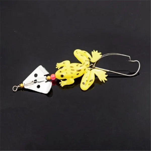 Frog-shaped fishing lure with revolving sequins and anti hanging bottom hook, 6.2g, on a white background