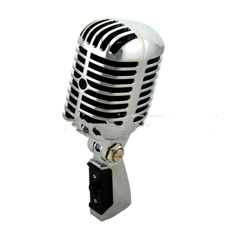 Classical retro dynamic microphone in gold finish with all-metal construction and heart-shaped polar pattern for stage performance