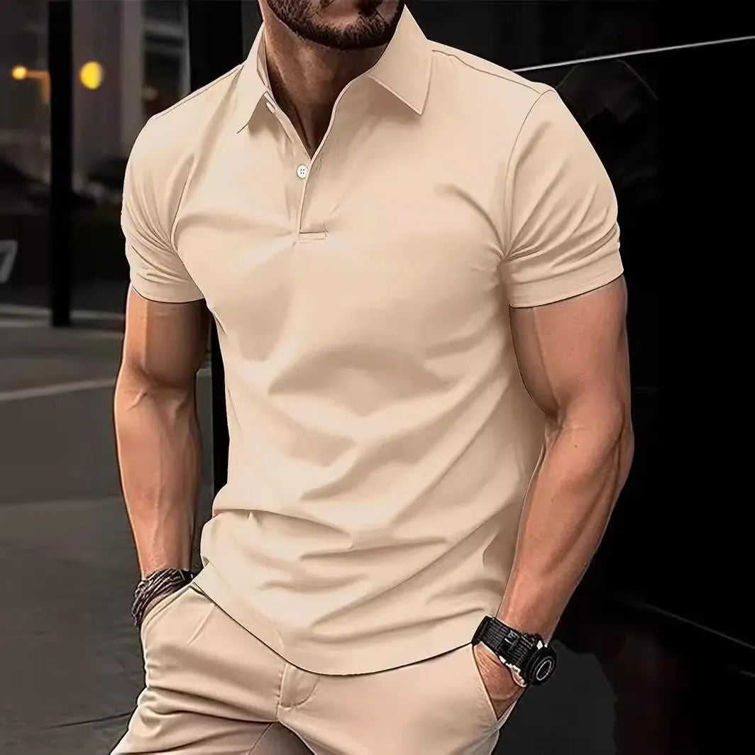 Men's slim-fit cotton-blend short-sleeve button-up shirt in solid colours on a size chart background.