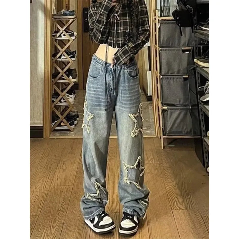 Blue cotton denim wide-leg trousers with high waist and straight fit