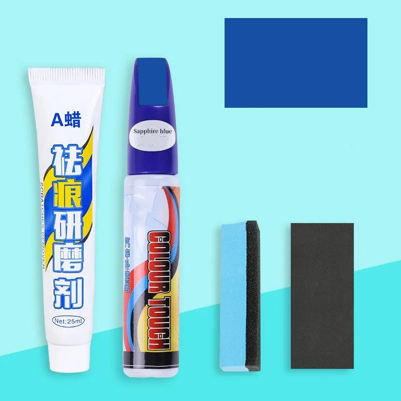 Automotive paint repair pen kit with touch-up fluid, scratch wax, sponge, and sandpaper.
