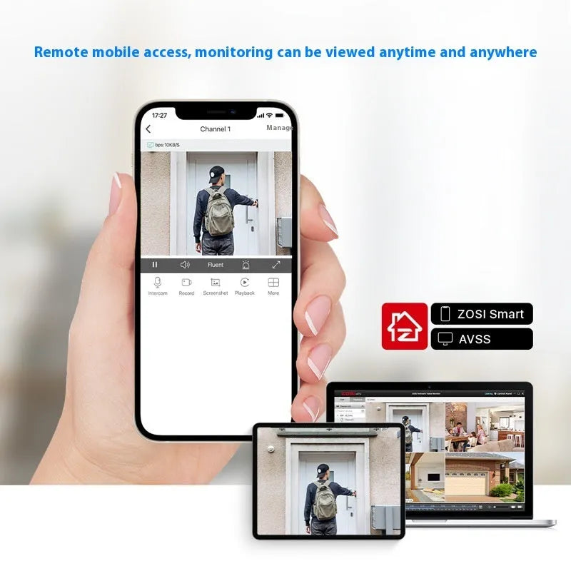 ZOSI 4-way POE security camera system with NVR and outdoor cameras for remote HD monitoring.