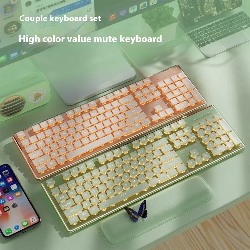 Prewalker V3 retro green coloured quiet keyboard and mouse set on a desk