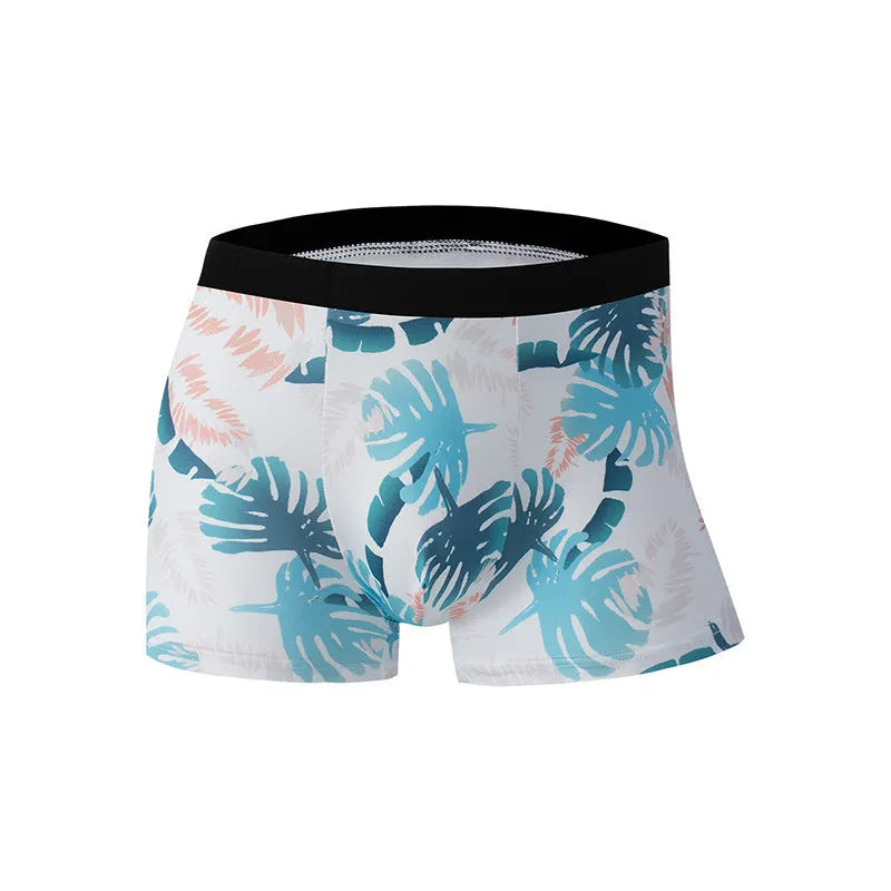 Ice silk men's underwear with fashion printing in polyester fabric, showing mid-waist design and breathable construction