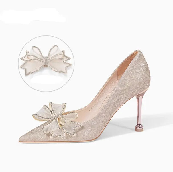 Champagne gold sequin women's stiletto high heel pump with crystal decoration