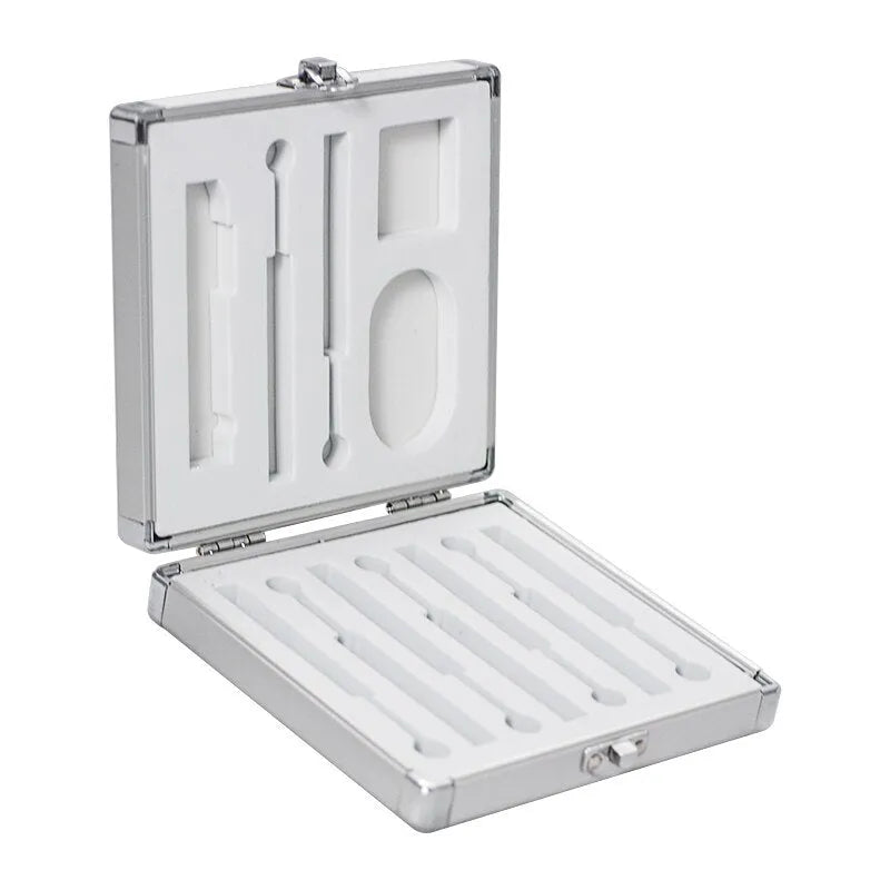Silver aluminium storage box for portable soldering iron showing compact dimensions