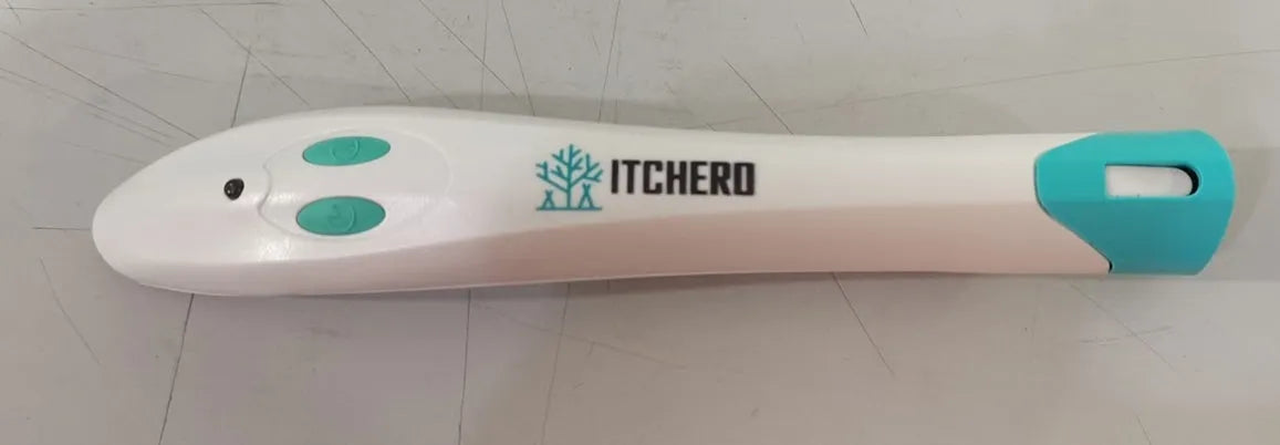 White and blue plastic antipruritic pen for mosquito bite relief in compact portable design