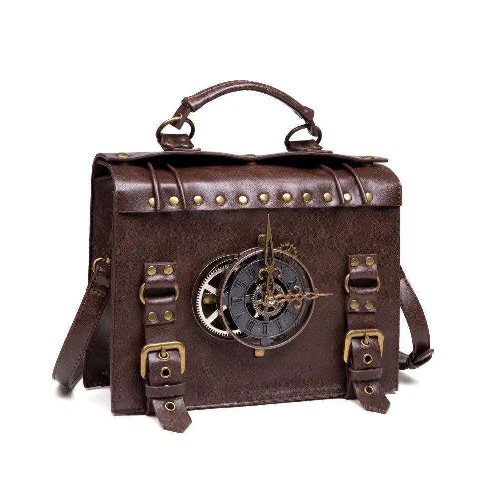 Bronze steampunk industrial retro shoulder bag with metal hardware and pillow bag shape