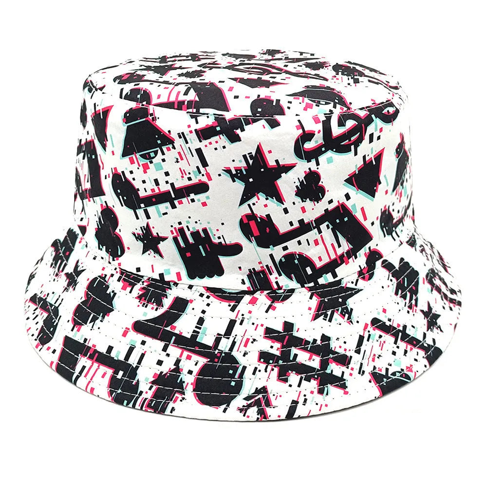 Musical note pattern printed bucket hat in retro dome crown style, size M 56-58cm