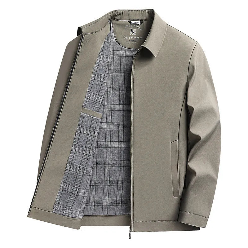 Men's loose-fit solid colour polo collar casual jacket with side seam pockets