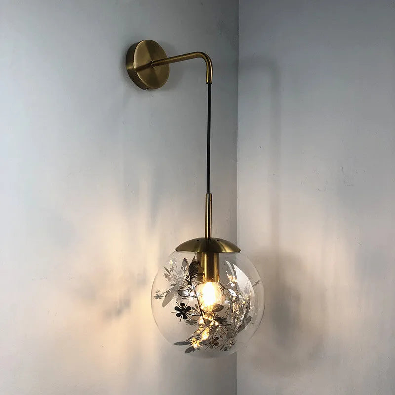 Modern glass shade wall lamp in gold or silver finish for bedside lighting