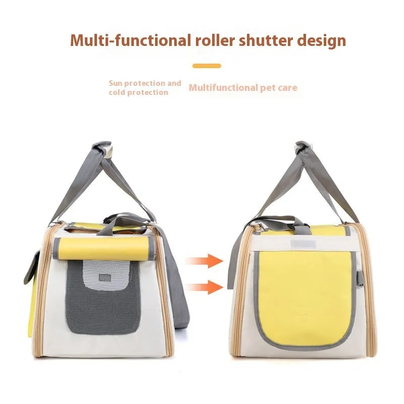 A foldable single shoulder pet bag in canvas, shown in yellow, green, and black colour options.