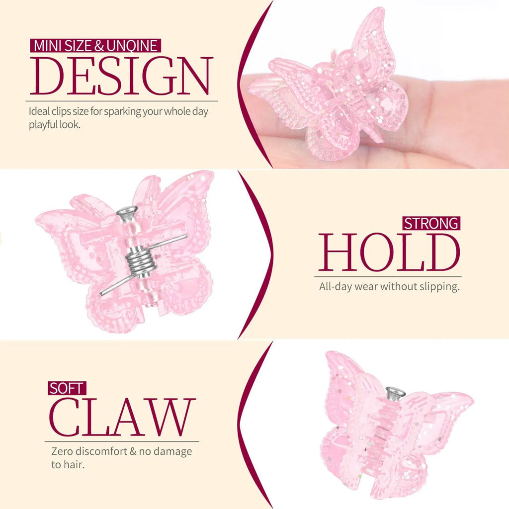 Assorted glitter butterfly hair claw clips showing multiple colours from 50-piece set with compact dimensions