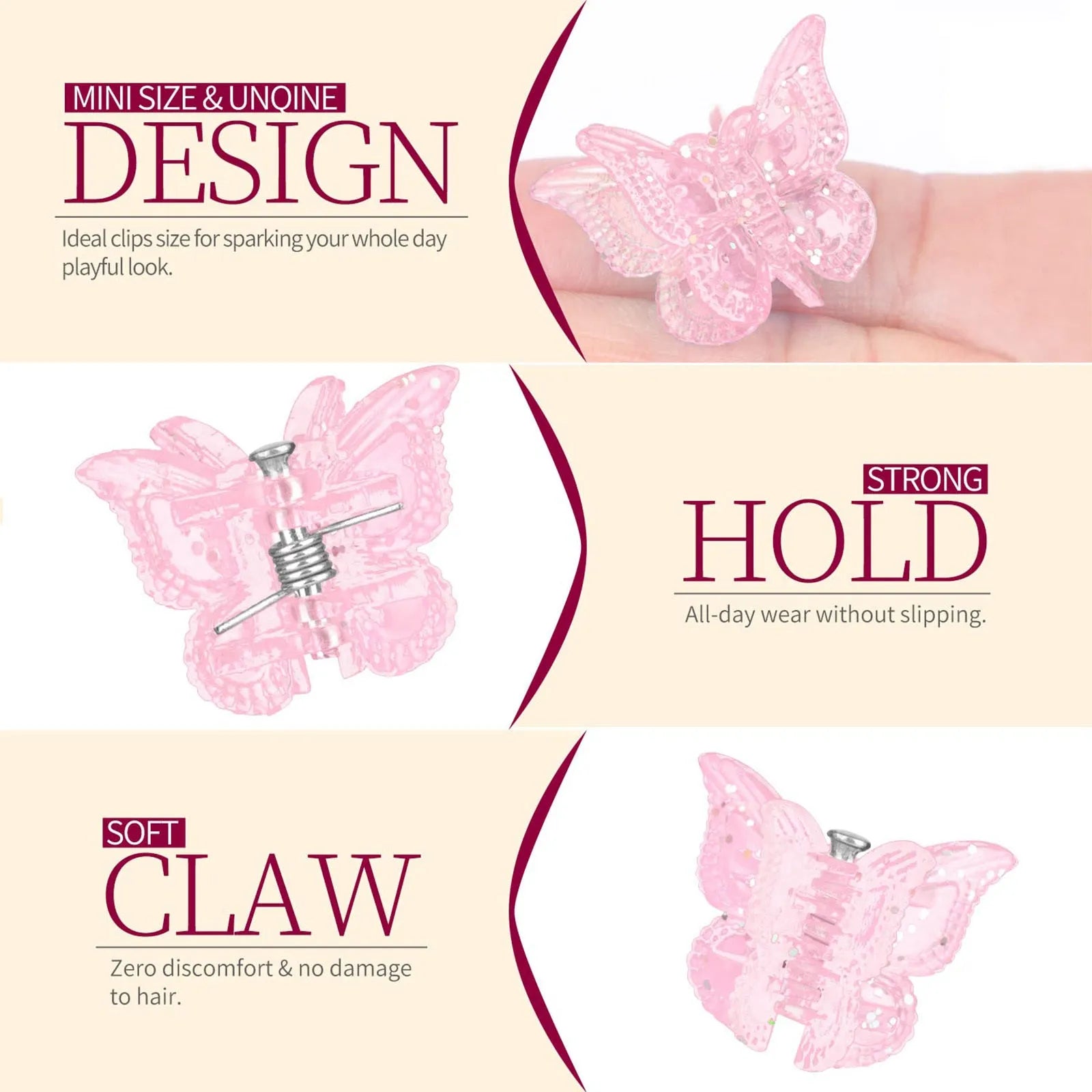 Assorted glitter butterfly hair claw clips showing multiple colours from 50-piece set with compact dimensions