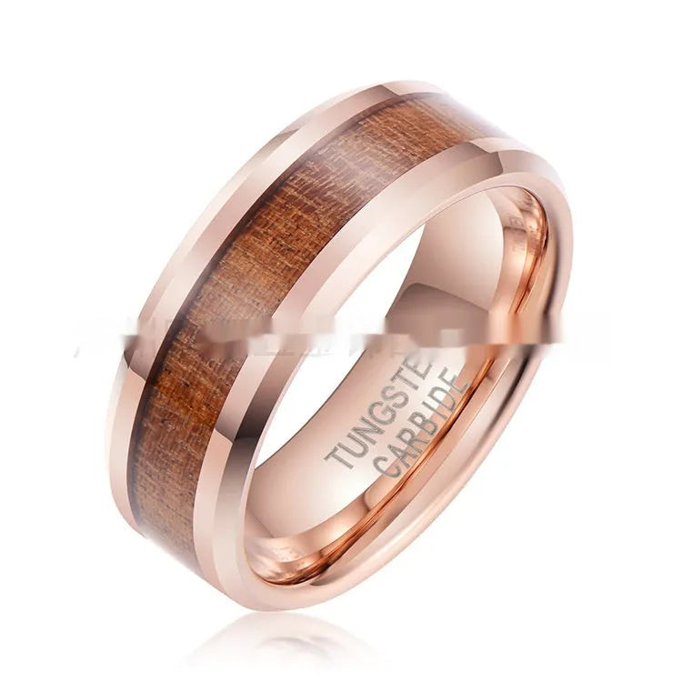 Ugyen tungsten ring showing U-shaped cross-section, 8mm wide band, in rose gold finish.