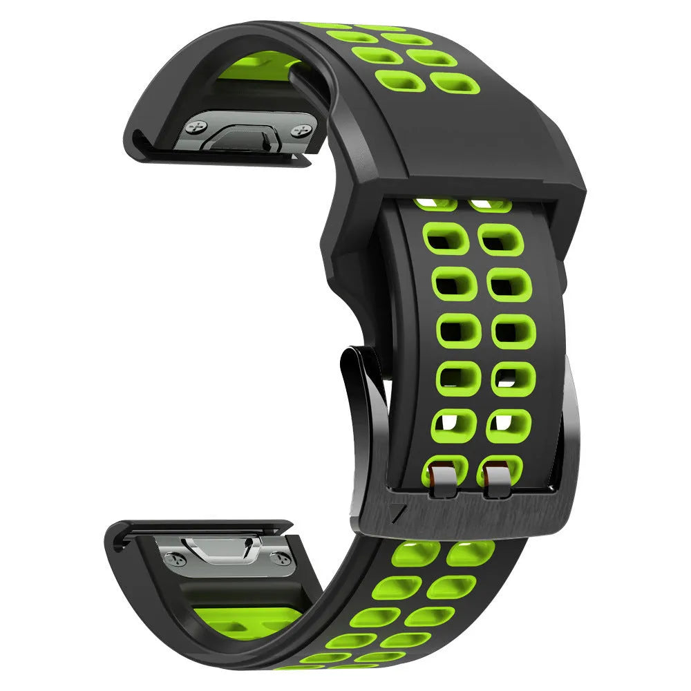 Quick release two-tone silicone watch strap with pin buckle in Army Green Black colour.