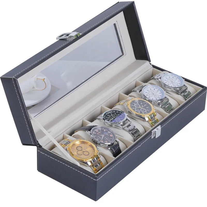 Grey high-grade leather watch storage box with a dustproof transparent lid, shown in a multi-capacity display.