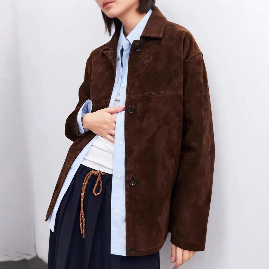 Mid-length retro cashmere coat with Peter Pan collar and genuine leather stitching in Caramel Mocha colour