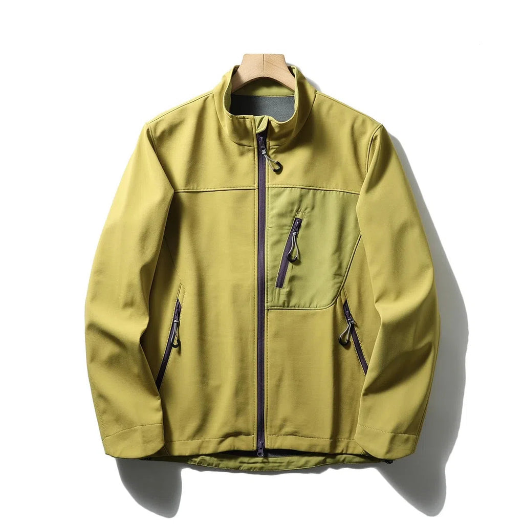 Men's retro stand-up collar coat with contrast colour patchwork, zipper pockets, in Misty White, Olive Yellow, and Rock Gray