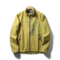 Men's retro stand-up collar coat with contrast colour patchwork, zipper pockets, in Misty White, Olive Yellow, and Rock Gray