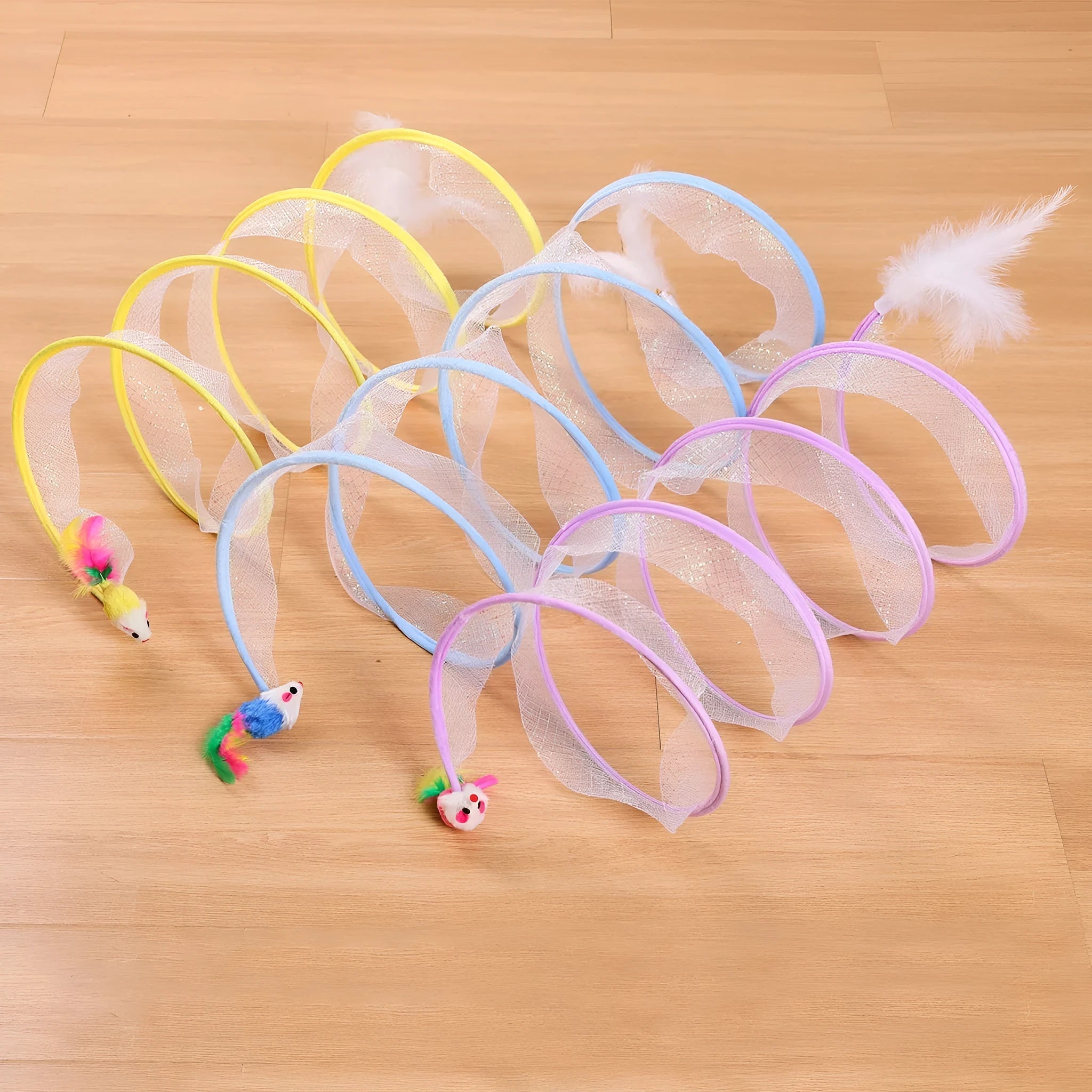S-type cat tunnel toy with steel frame, mesh sides and dangling feather for feline play