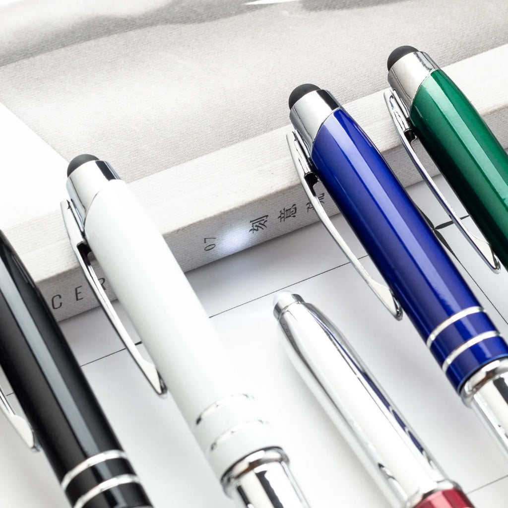 Metal multifunctional pen with capacitive stylus tip and LED light in five colour options
