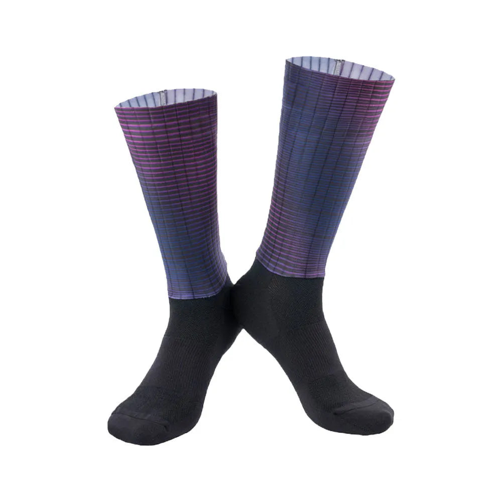 Pair of breathable chemical fibre blend athletic socks for cycling and running, shown in orange colour.