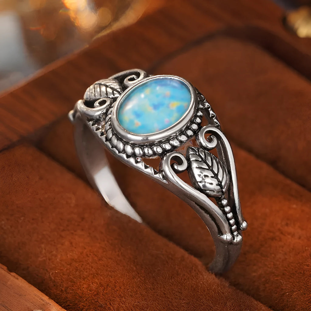 Women's retro distressed metal leaf ring in antique silver copper electroplated finish on finger