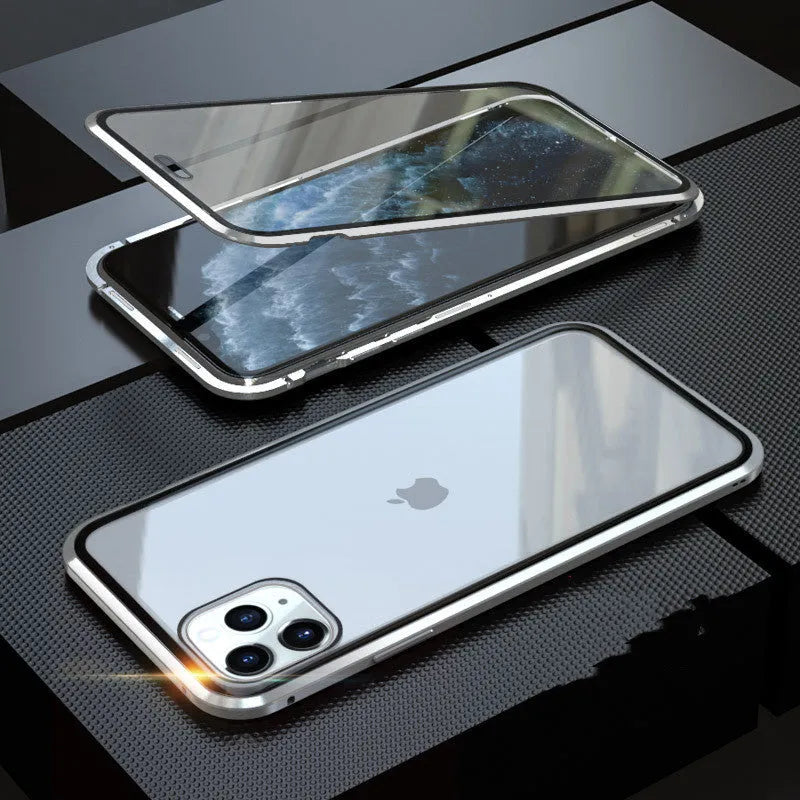 Anti-spy glass clamshell phone case in geometric design for iPhone, shown in multiple colour options
