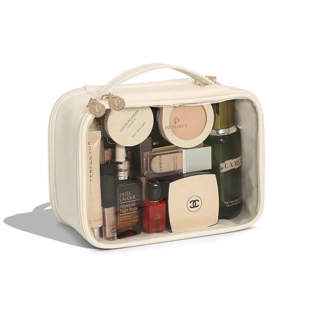 Transparent PVC leather cosmetic bag showing interior organisation and dry wet separation compartments.
