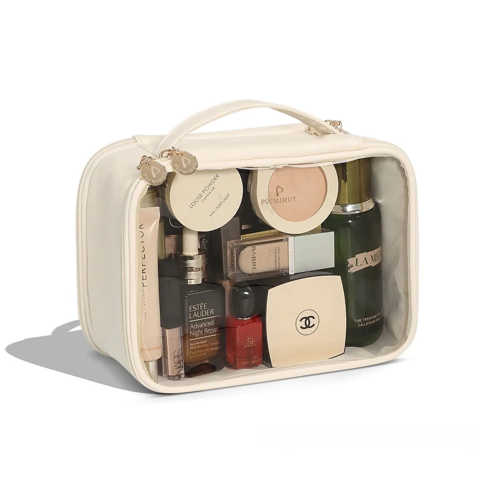 Transparent PVC leather cosmetic bag showing interior organisation and dry wet separation compartments.