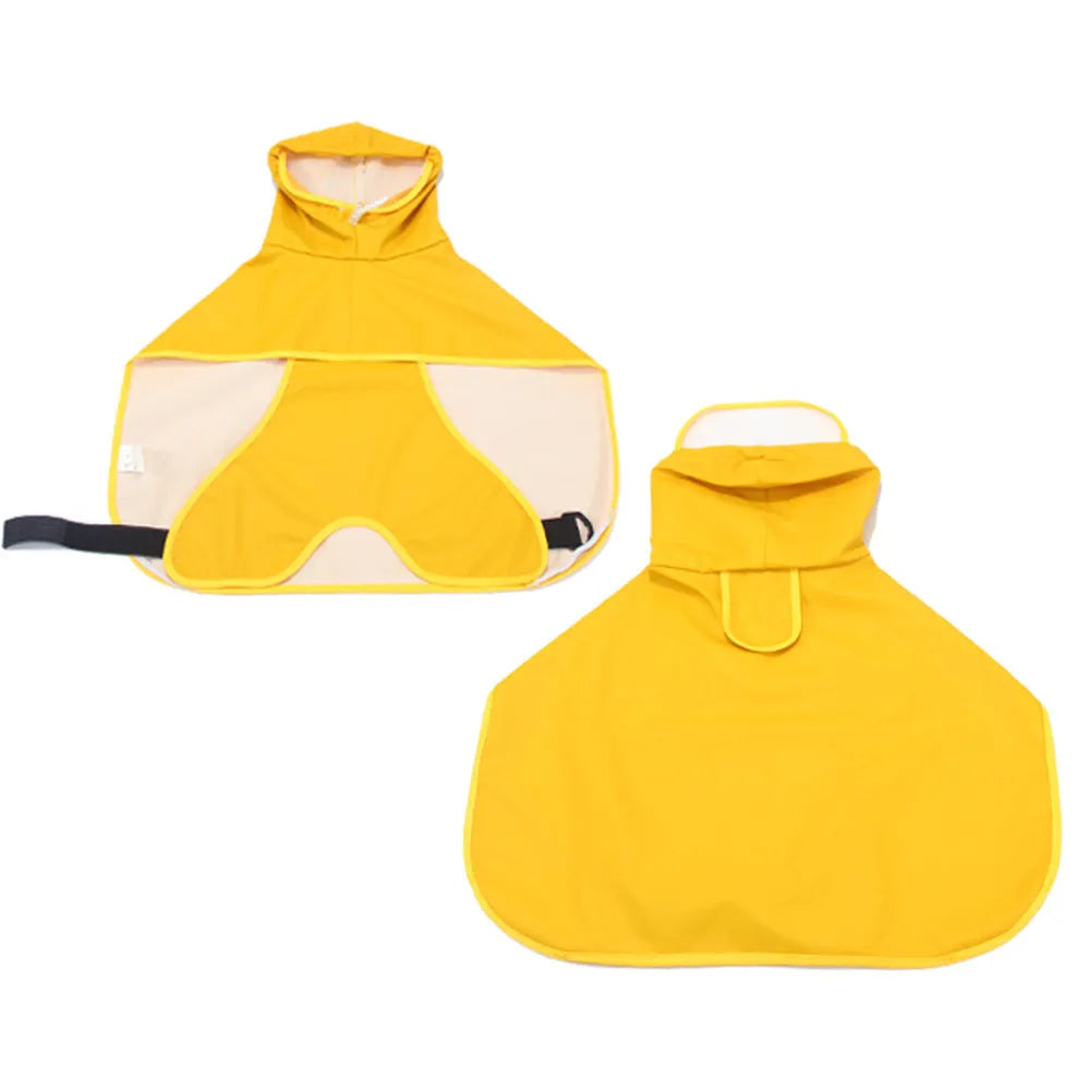 Dog wearing transparent-brim waterproof PU raincoat with bellyband in egg yolk man colour