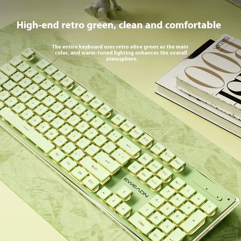 Prewalker V3 retro green coloured quiet keyboard and mouse set on a desk