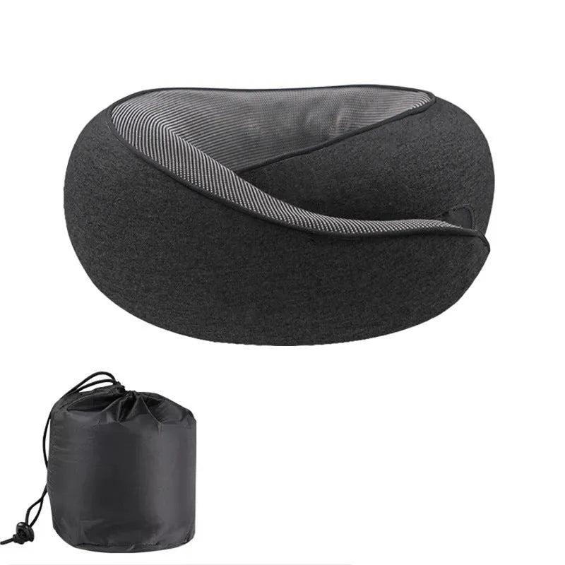 A U-shaped memory foam travel neck pillow in a simple design, shown with its matching storage bag.