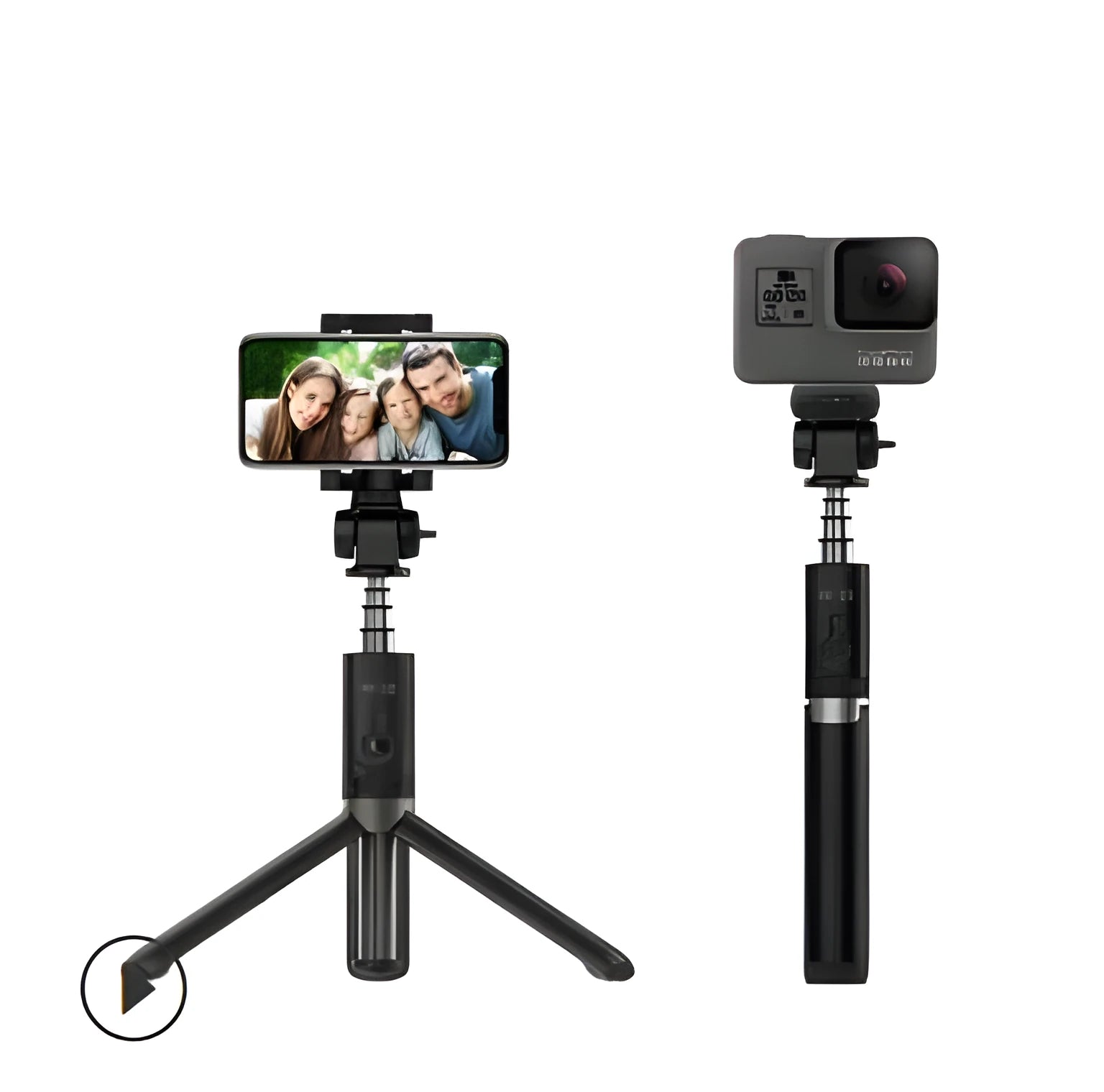 Black Bluetooth selfie stick tripod with extended rod, phone clamp, and deployed legs next to a smartphone