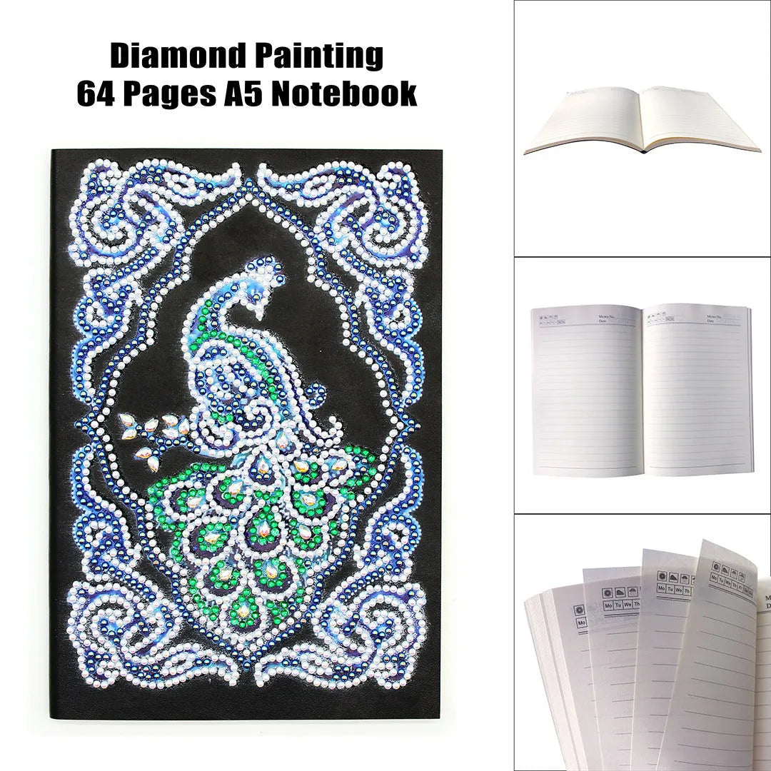 Black A5 diamond painting notebook with peacock design featuring shaped and bright drill rhinestones