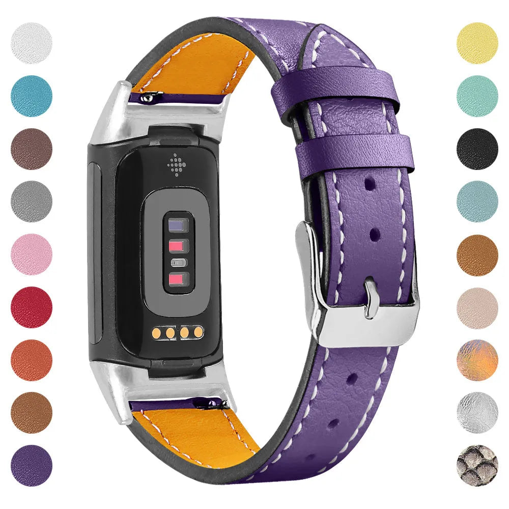 Genuine brown leather watch strap for Fitbit Charge 5 and Charge 6 smartwatches.