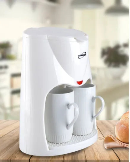Automatic double cup American coffee machine in black with two 180ml glass cups and a spoon