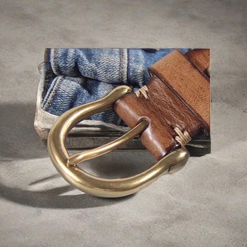 Men's casual cowhide leather belt with a copper buckle in black, brown or khaki.