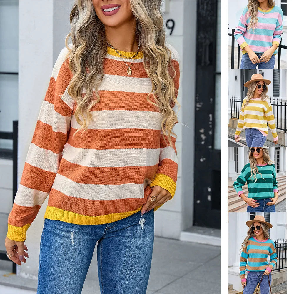 Women's loose long sleeve acrylic sweater in blue with stripes, round neck.
