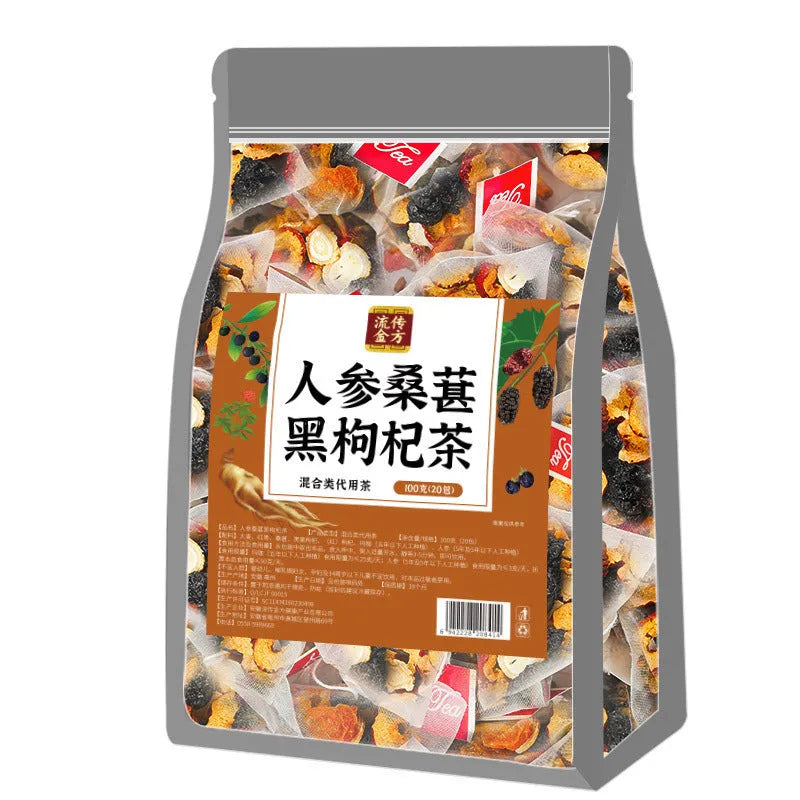 Box of Ginseng Mulberry Black Wolfberry Tea showing 40 individual 5g sachets totaling 200g.
