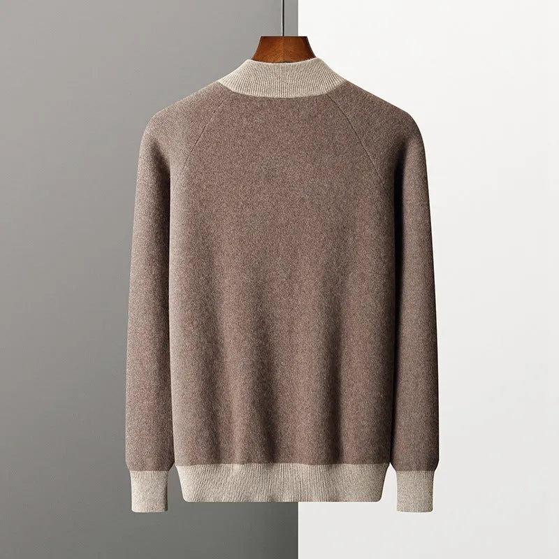 Men's cashmere wool blend knitted suit set with half turtleneck zipper cardigan and matching trousers for winter wear