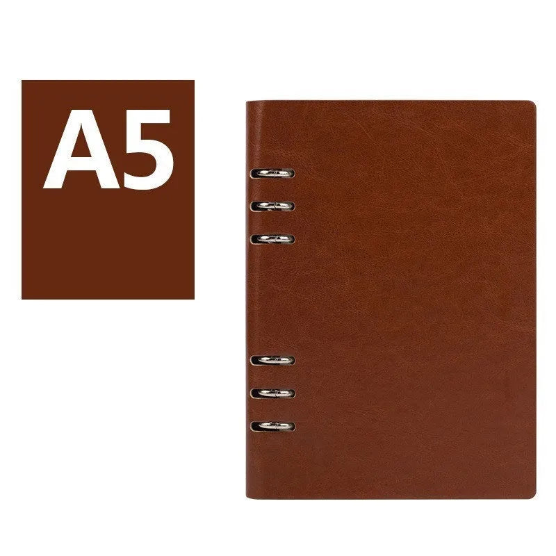 Imitation leather loose-leaf notebook in red, shown open, with A5, A6, and B5 size options.