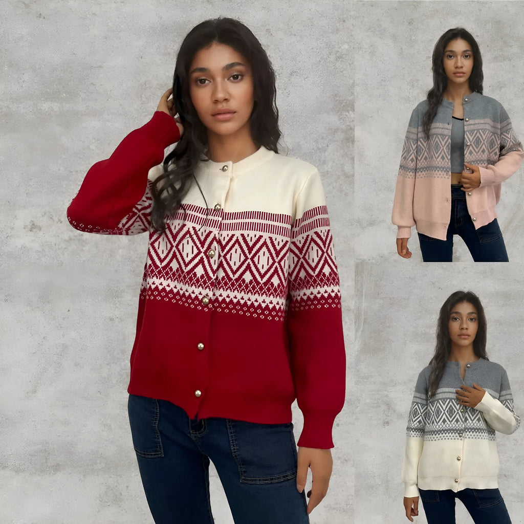 Women's red alpaca wool cardigan with diamond knit pattern and contrast colour long sleeves.
