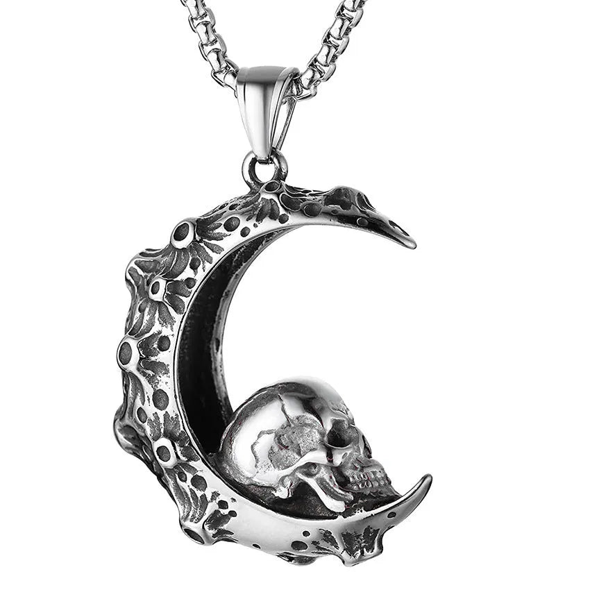 Men's silver skull pendant necklace with stainless steel chain in six sports style designs
