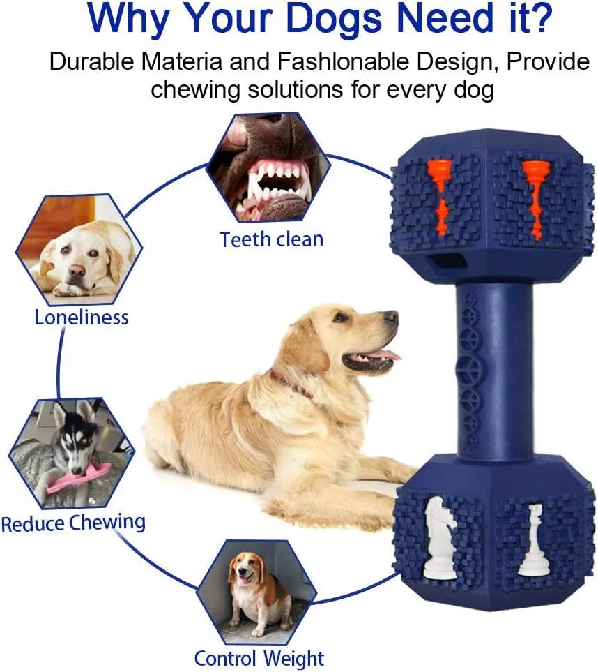 Black and blue rubber dumbbell dog chew toy with textured surface for aggressive chewers