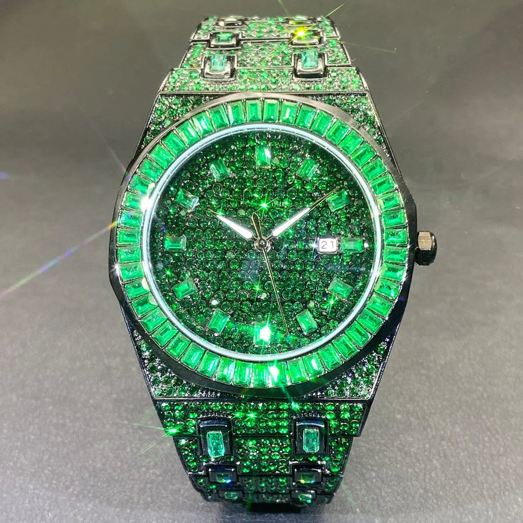 Hip hop men's green full rhinestone quartz watch with alloy case and 13mm thickness