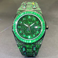 Hip hop men's green full rhinestone quartz watch with alloy case and 13mm thickness