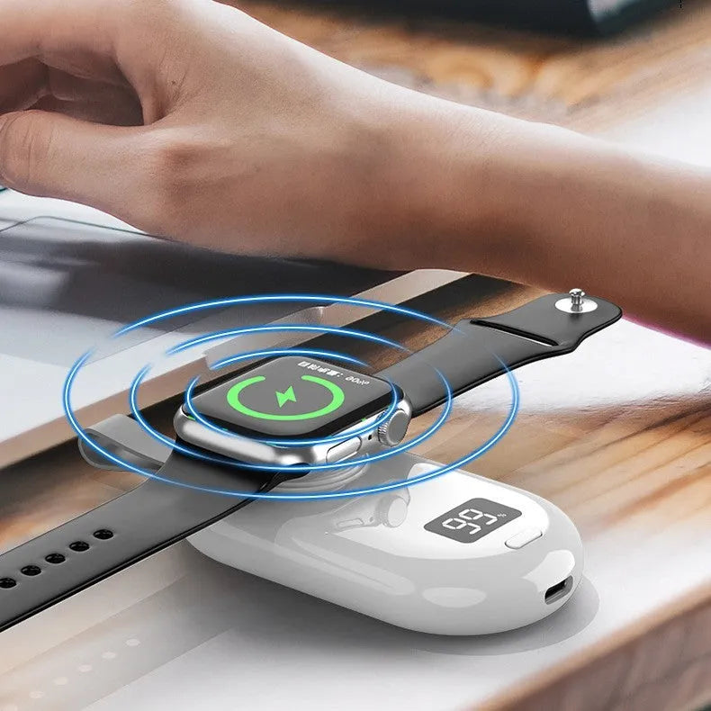 Black or white plastic wireless power bank for V5 smartwatches next to USB-C cable