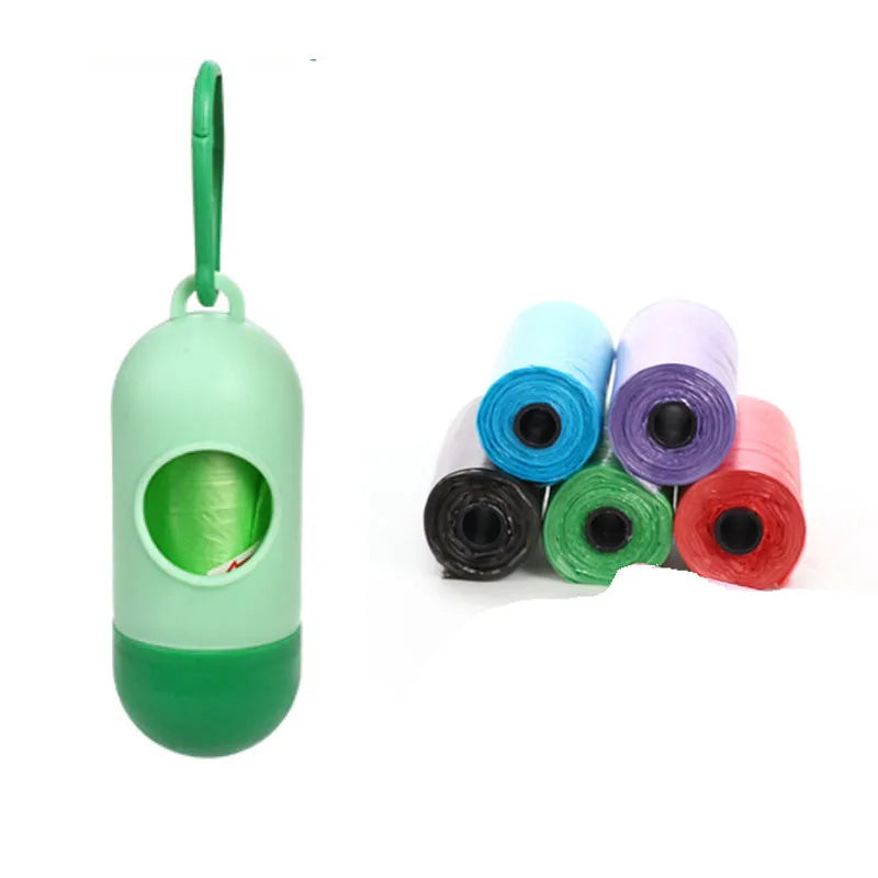 Roll of coloured disposable pet waste bags showing black, blue, green, light blue, pink, and purple options.